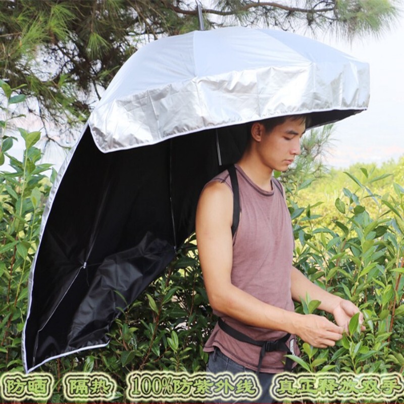 可背式采茶背伞摘茶叶钓鱼防紫外线太阳伞晴雨两用防风黑胶遮