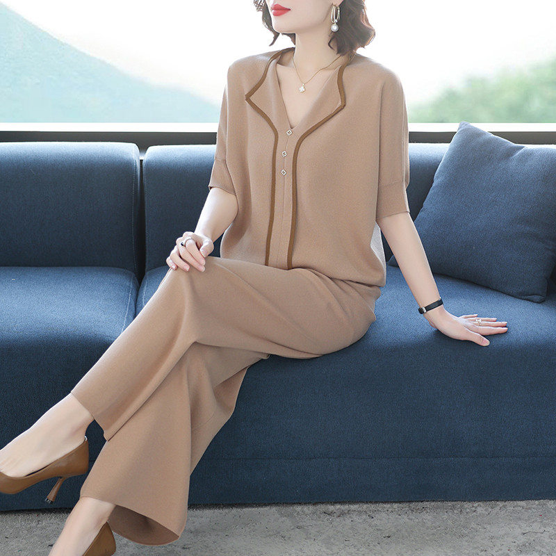 妈妈春装2025新款真丝针织套装大码中老年女春秋季T恤上衣两