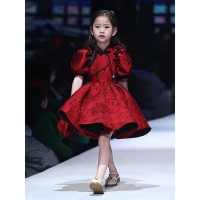 女童走秀礼服2025新款高端周岁女宝宝公主裙红色儿童主持人演出服