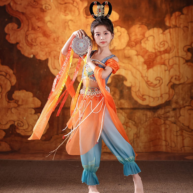 敦煌舞蹈服儿童异域风汉服表演服服装女童古典飞天乐鼓演出服六一