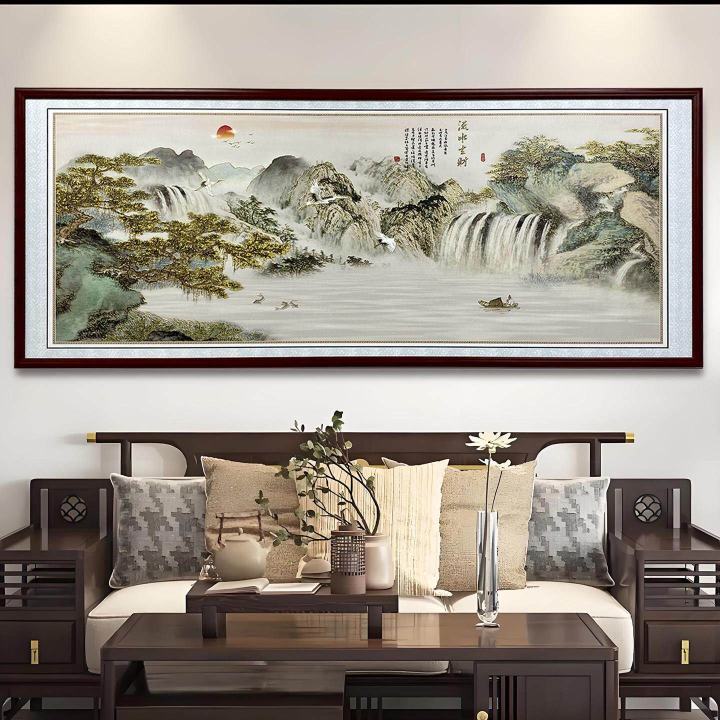 鎏金立体浮雕装饰画新中式客厅山水画茶室办公室横幅挂画带灯光
