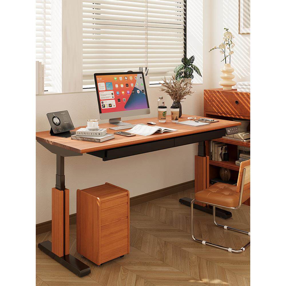 实木电动升降桌樱桃木带抽屉书桌学习桌小户型卧室靠墙办公电脑桌