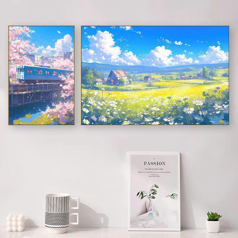 沙滩海岸装饰画餐厅农村村庄草原风景挂画卧室蓝天白云大芬村壁画