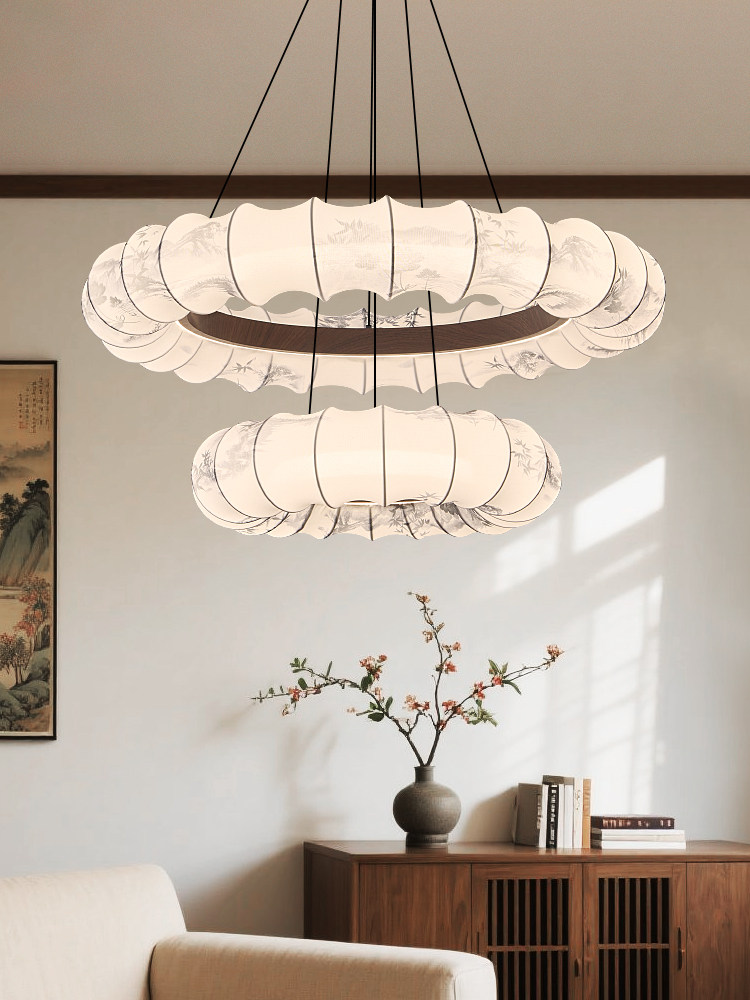 宋代美学吊灯双层布艺覆古客厅主灯水墨绘画主卧室餐厅圆圈吊顶灯