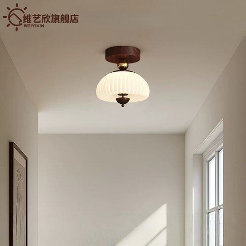 中古风过道灯走廊灯法式复古胡桃木色阳台吸顶灯入户玄关门厅灯