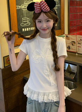 白色拼接蕾丝正肩圆领纯棉短袖t恤女夏季修身显瘦韩系ing短款上衣