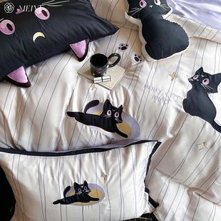 新款 卡通猫天丝四件套冰丝60支贴布刺绣裸睡被套夏季 床上用品1.2m