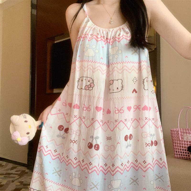 少女夏季吊带睡裙甜美小猫带胸垫睡衣女2026新款纯欲风夏天连衣裙