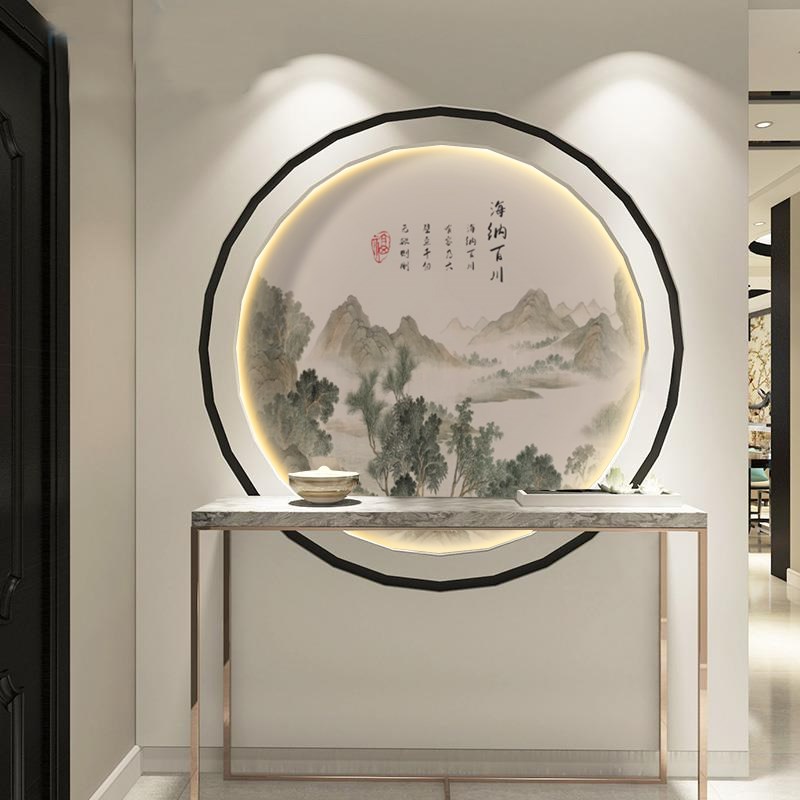 山水画入户玄关装饰画新中式圆形进门走廊过道壁画壁纸墙纸墙布3d