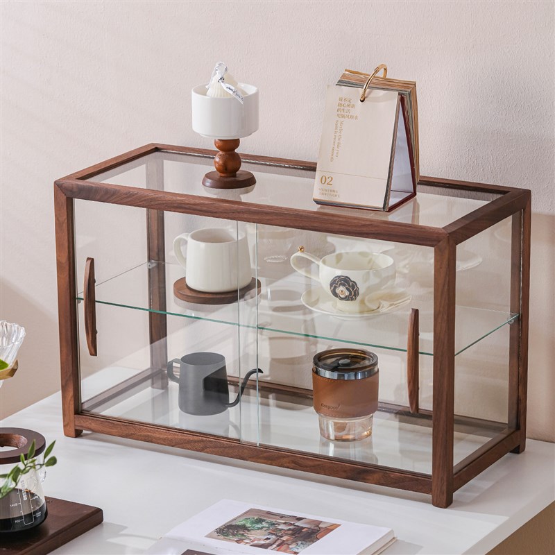 胡桃木玻璃收纳柜茶具水杯咖啡厅奶茶店蛋糕置物架桌面展示柜轻奢