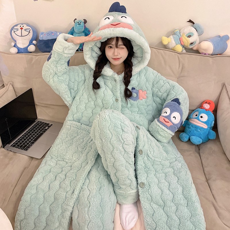 珊瑚绒三层夹棉睡袍女秋冬季加绒加厚可爱丑鱼睡衣浴袍冬天家居服