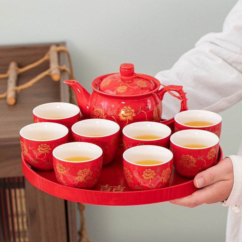 结婚茶具套装敬茶杯陶瓷盘红色大号茶壶改口茶杯婚庆送礼陪嫁套装