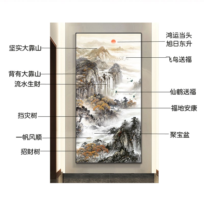2023入户玄关壁布竖版寓意好招财山水国画过道墙布壁纸新中式壁画
