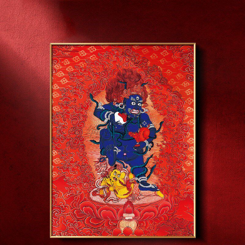 藏式唐卡挂画黑财神藏传佛像装饰画客厅办公室财神爷招财壁画带框
