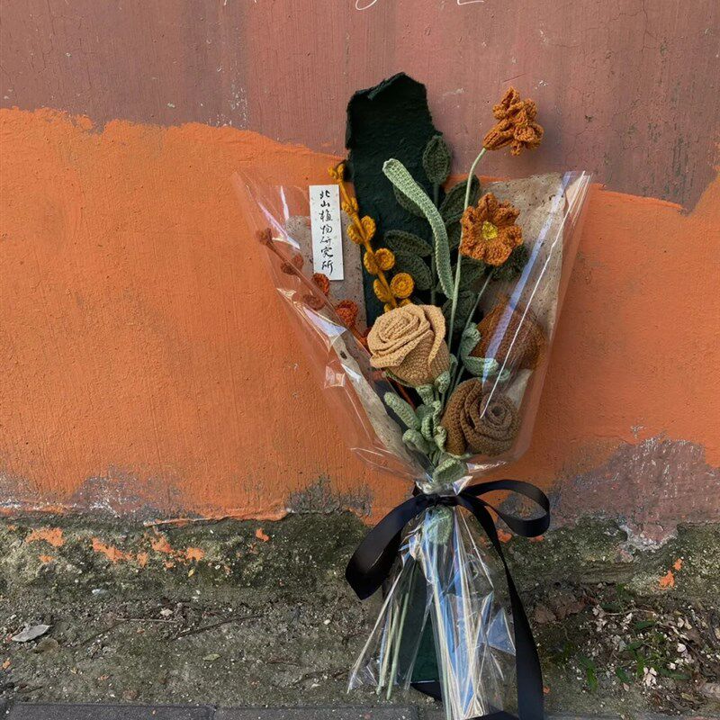 成品)复古手工diy针织毛线钩针向日葵玫瑰花混搭花束送闺蜜女友