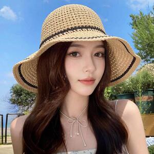法式草帽女款2026新款夏度假沙滩防晒太阳帽可折叠草编遮阳渔夫帽