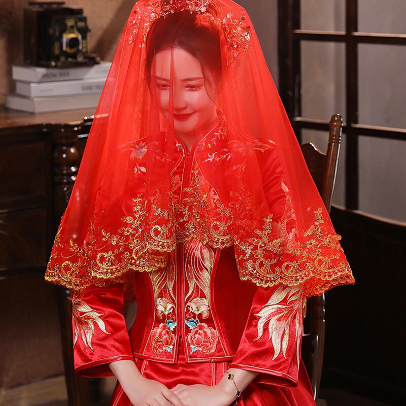 红盖头新娘结婚复古高档中式秀禾婚纱头纱高级感红色蕾丝婚礼头纱