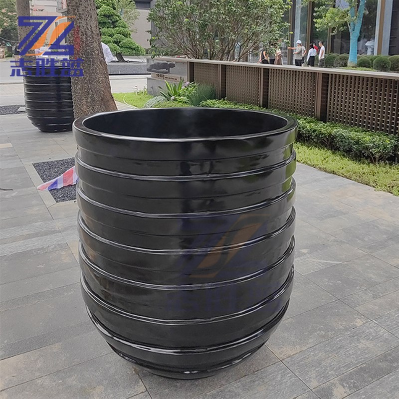 黑白色螺纹特大号高筒玻璃钢落地花盆发财树凤尾松金钱树景观树池
