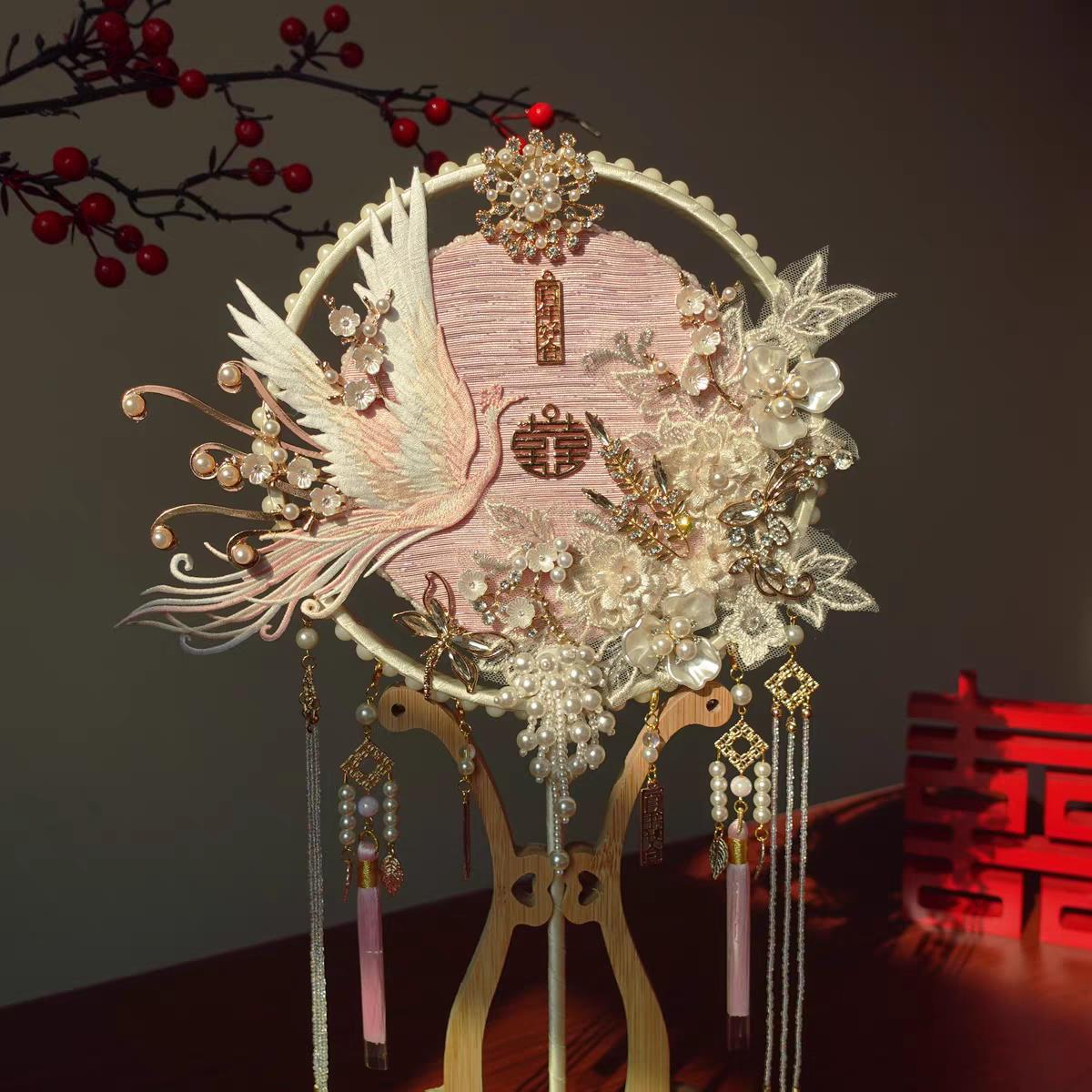 新娘结婚礼秀禾服婚扇中式古典出嫁喜扇子手工粉色团扇diy材料包