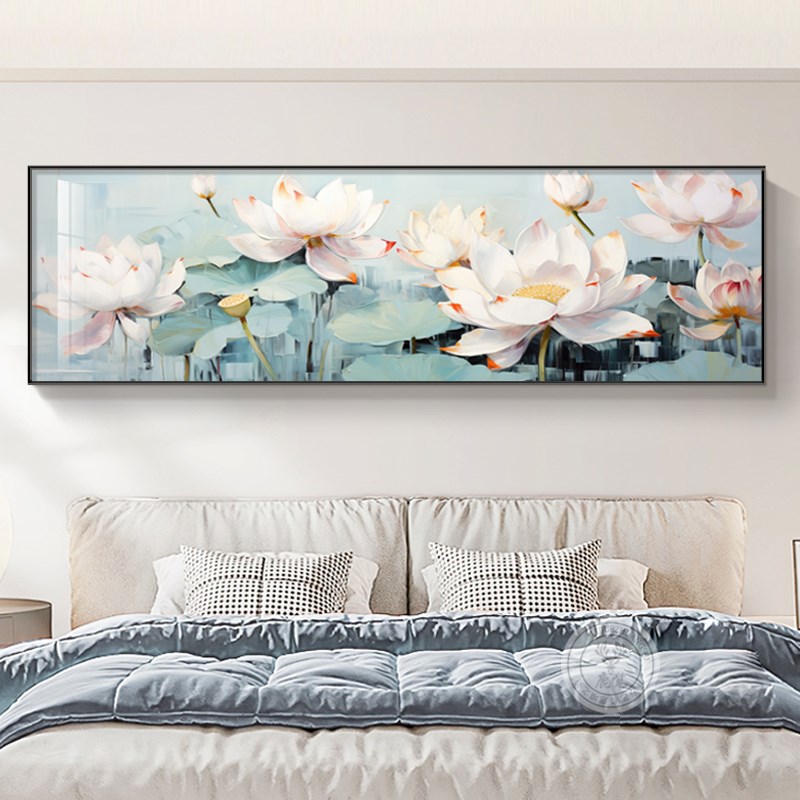 新中式荷花卧室床头装饰画横版莲花客厅壁画温馨主卧房间墙壁挂画