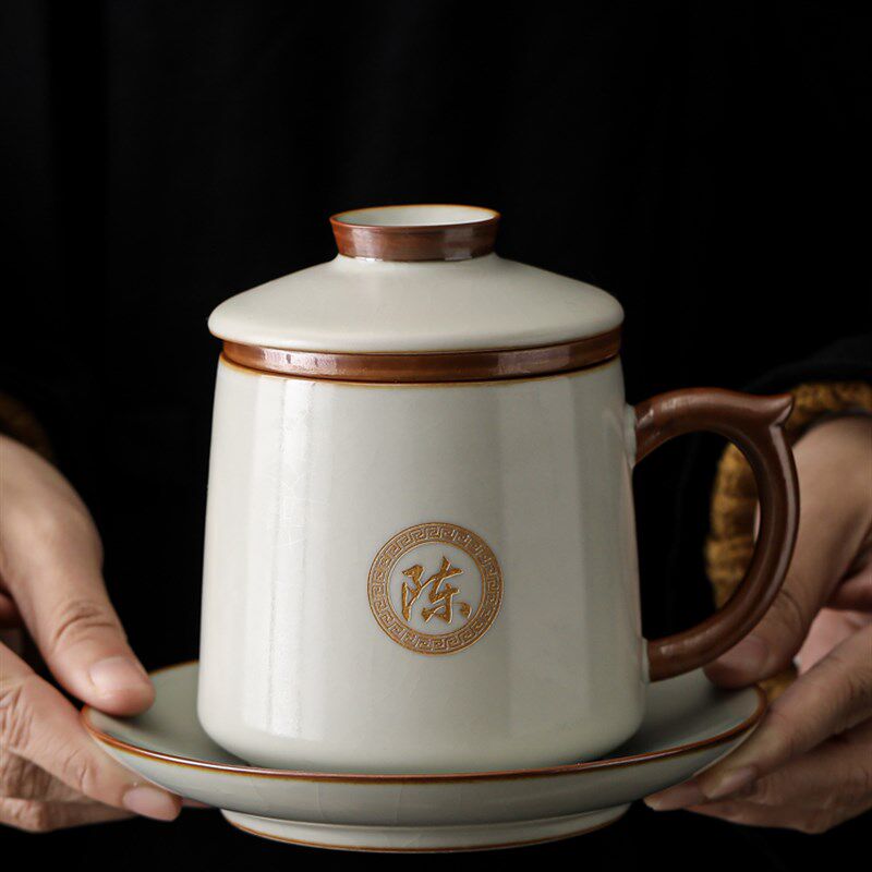 汝窑办公杯陶瓷茶杯定制刻字男个人专用杯子茶水分离过滤泡茶水杯