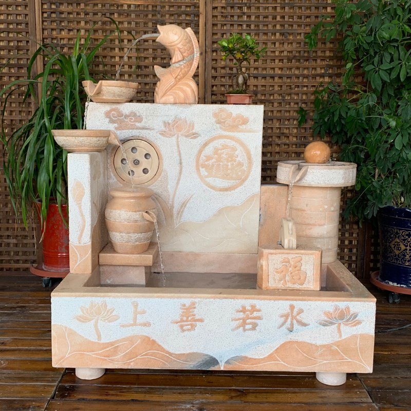 复古浮雕石缸庭院石头水幕墙室内青石水系水景 石雕流水鱼缸曲阳