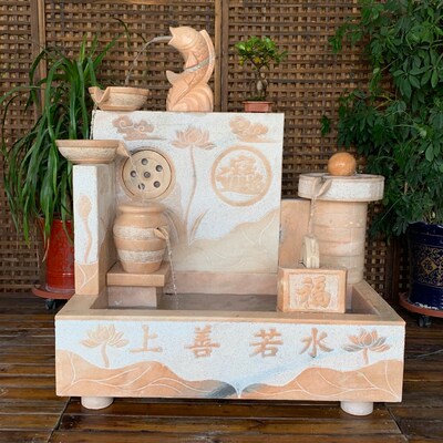 复古浮雕石缸庭院石头水幕墙室内青石水系水景 石雕流水鱼缸曲阳