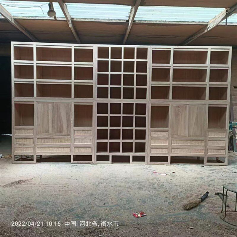 新中式简约书橱组合白茬靠墙置物背景架收纳展示柜北榆木书架书柜