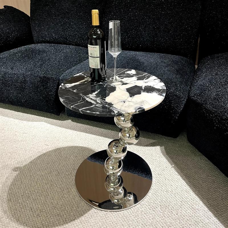 沙发边几粉色大理石小茶几轻奢高级感阳台小圆桌边柜茶台小桌子