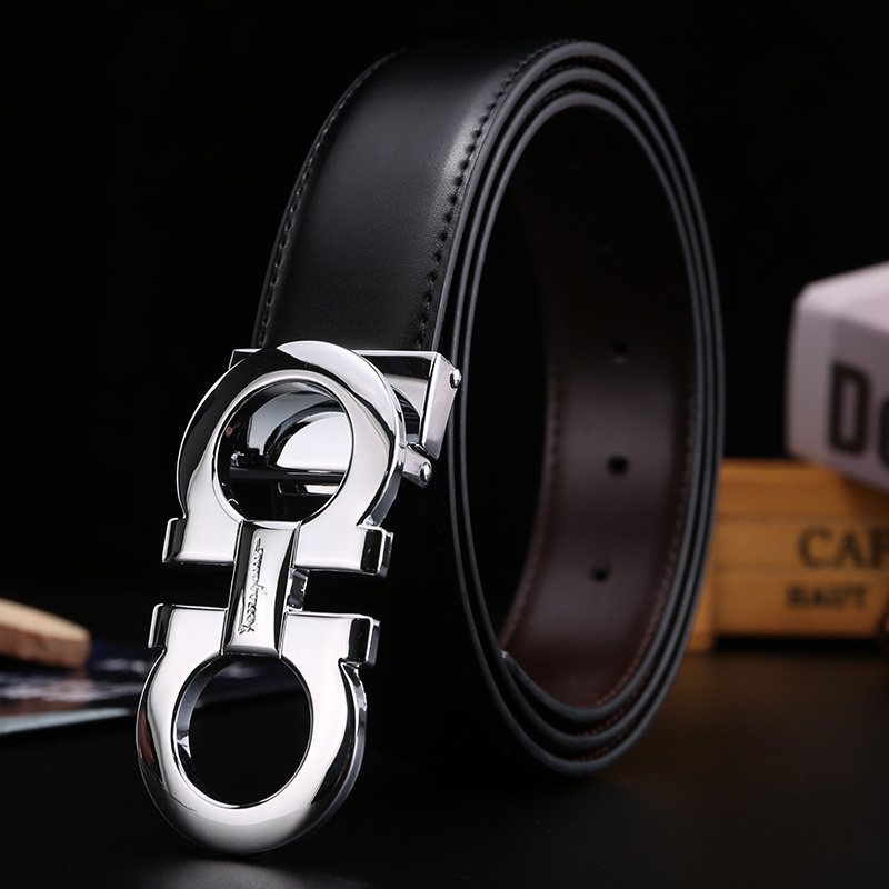 thumbnail for Men's Fira Light Luxury Reversible Belt Horseshoe Buckle Business Leather Smooth Buckle Casual Versatile Figure-8 Buckle Waistband F