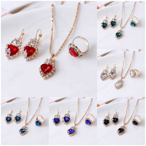 欧美 新款 水滴爱心水钻套装项链耳环戒指新娘饰品三件套直销