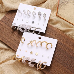 新款复古镶珍珠女士耳环9件套 珍珠点钻五角星九件套耳环