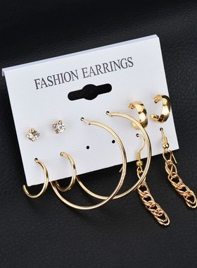 速卖通wish韩版耳钉套装个性夸张圈圈水晶耳环组合套装 5件套
