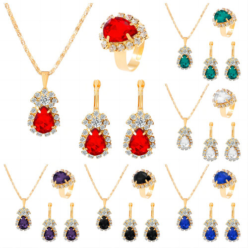 欧美 新款 水滴爱心水钻套装项链耳环戒指新娘饰品三件套直销