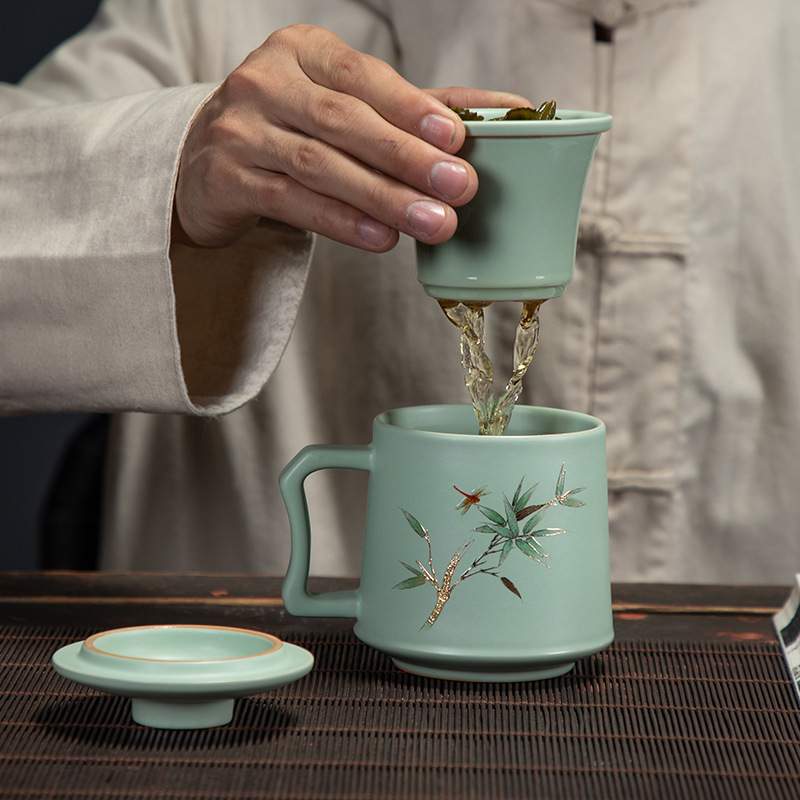 汝窑茶杯套装陶瓷带盖茶滤个人办公杯三件杯茶水分离泡茶杯领导杯