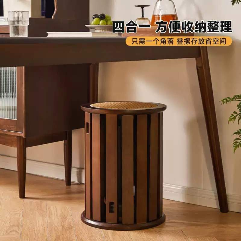 藤编实木叠叠凳家用木凳子凳子可叠放客厅组合久坐不累滑轮板凳