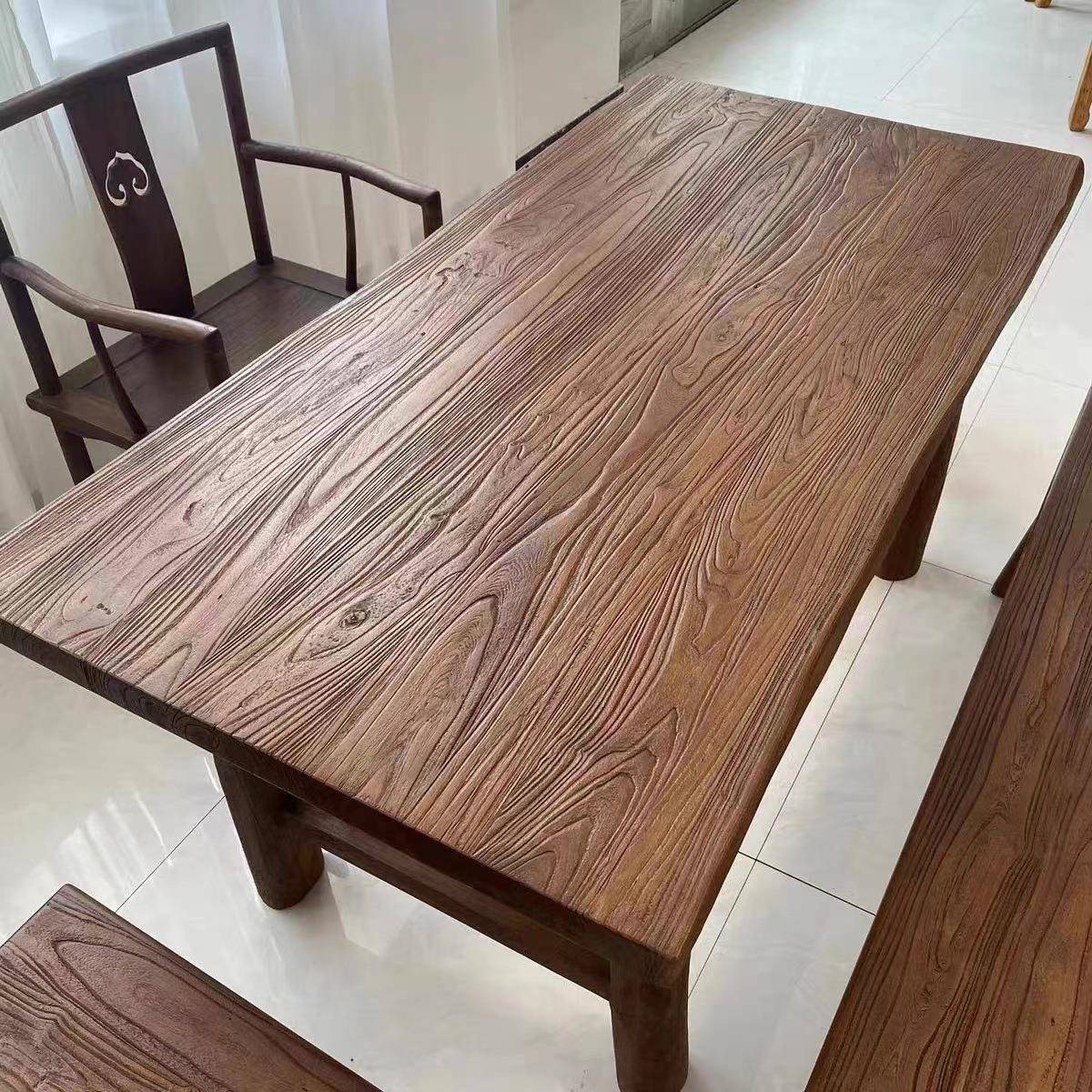 老榆木茶桌实木餐桌吧台中式木质复古茶台餐桌椅风化民俗老门板