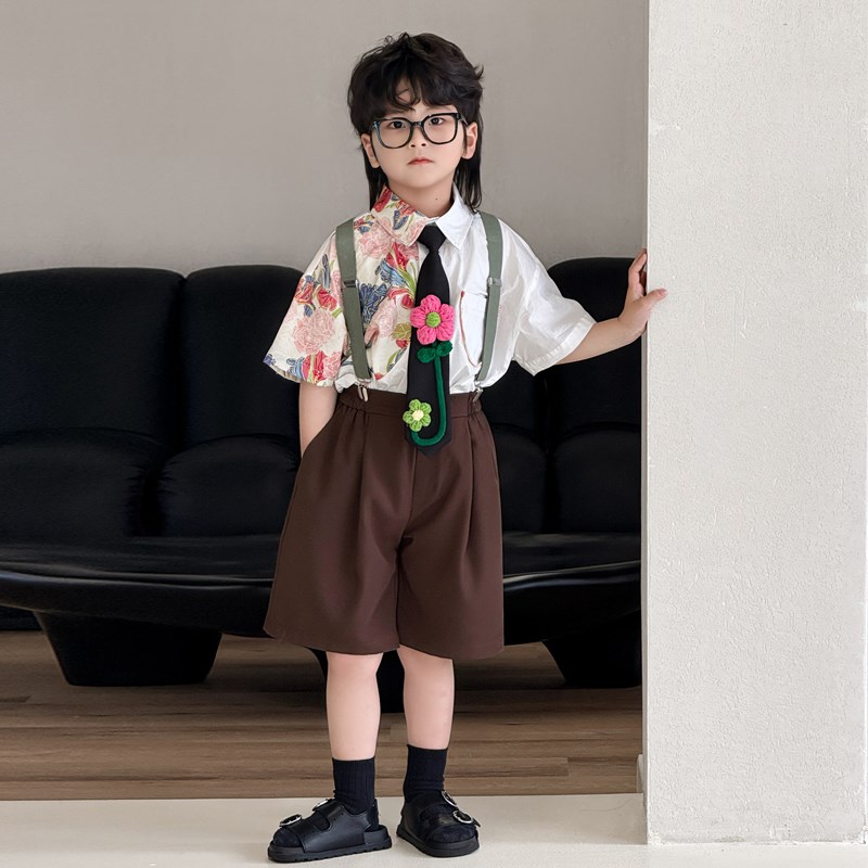 儿童西装套装痞帅风男童小主持人礼服H夏季幼儿园毕业背带裤演出