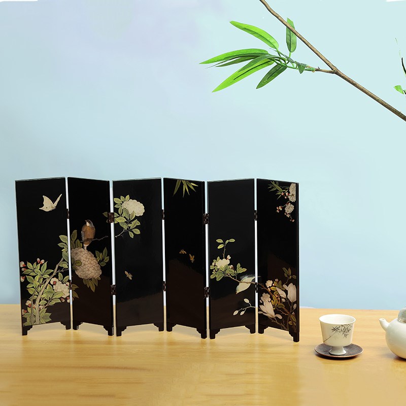 中式国潮茶空间茶桌双面小屏风摆件复古茶台P漆器茶道配件礼盒装