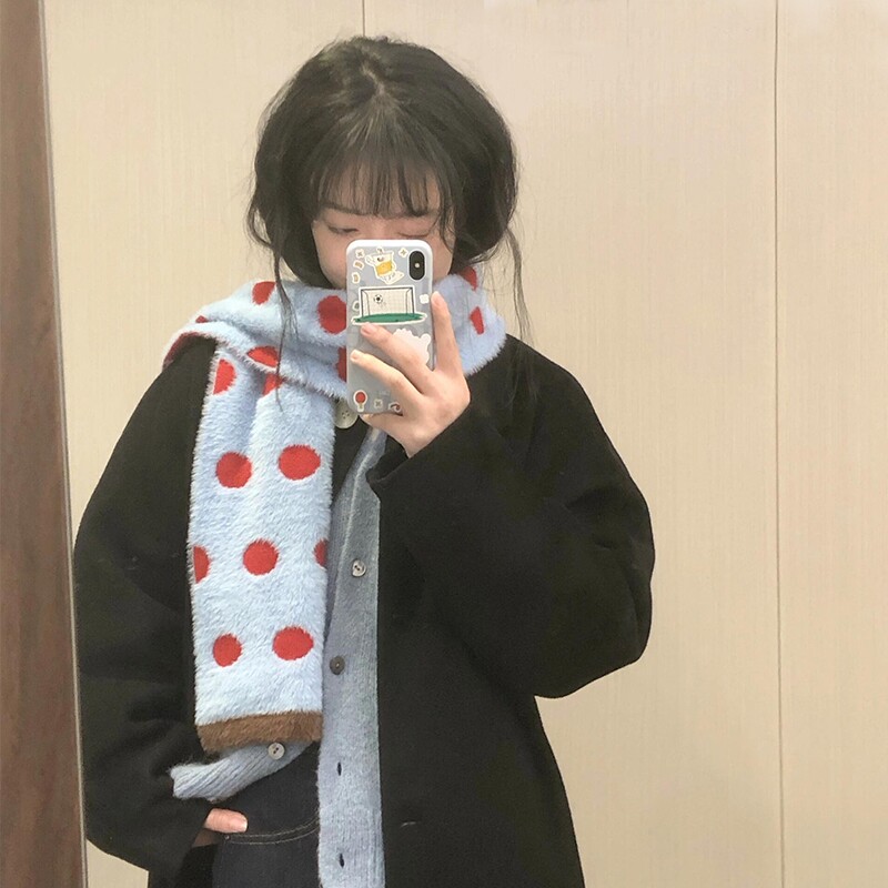 红蓝色双面波点围巾冬季女2025年新款保暖仿貂毛围脖秋天拍照神器