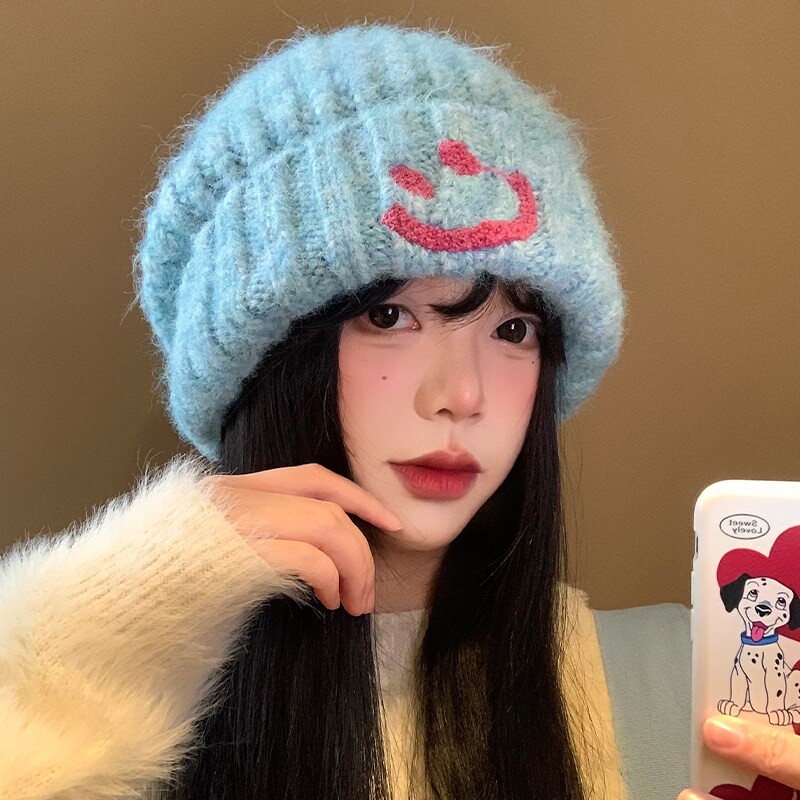 笑脸蓝色针织毛线帽女冬季加厚保暖包头冷帽大头围显脸小护耳帽子