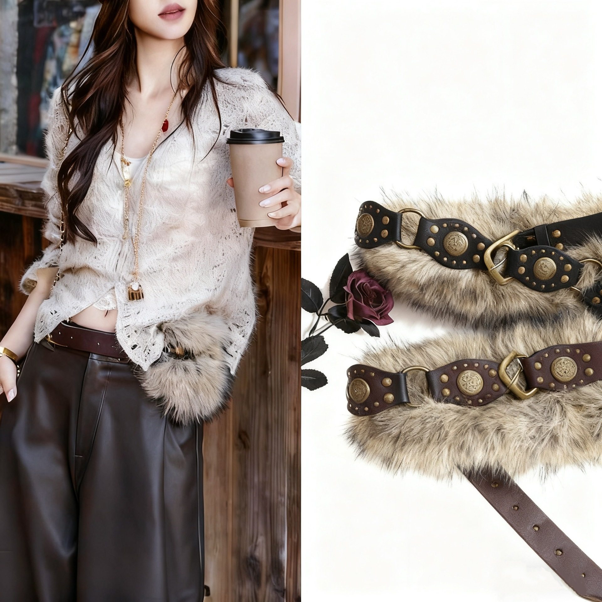 美式西部风铆钉毛绒拼接腰封女配裙子牛仔裤收腰宽版皮带重工配饰