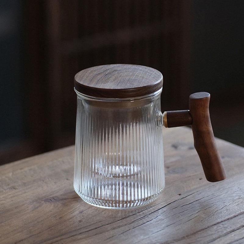 木把三件式泡茶杯办公透明玻璃杯锤纹加厚耐热红茶杯家用绿茶茶具