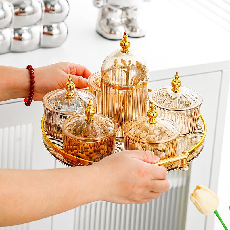 干果碟小吃碟圆形透明点心分格盘家用水果盘带塑料盖北欧轻奢果碟