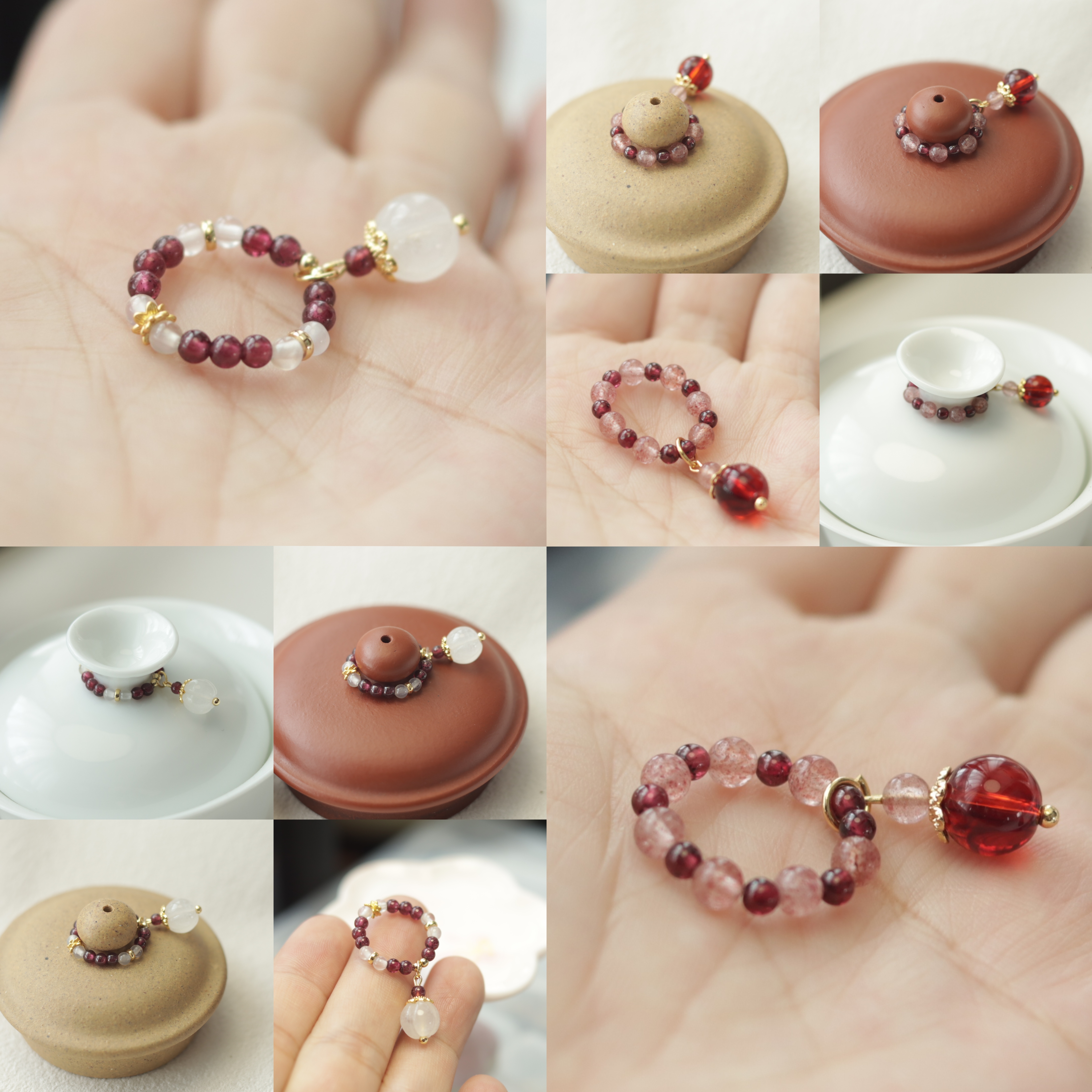 茶壶盖防摔链茶壶小提溜紫砂壶吊坠茶壶盖草莓晶小滴溜石榴石配饰