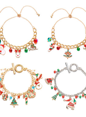 圣诞节新款手链欧美创意雪圣诞老人铃铛花环礼物吊坠抽拉手链