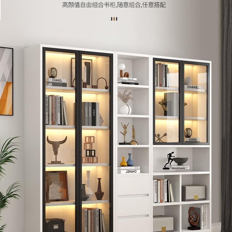 轻奢实木书柜置物柜落地现代简约玻璃门书橱文件柜带门储物柜组合