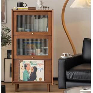 北欧实木书柜客厅中古杂志收纳柜日式简约复古玻璃电视边柜储物柜