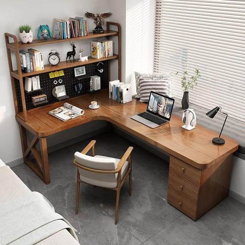 转角书桌书柜一体家用拐角台式电脑桌书架一体洞洞板办公桌工作台