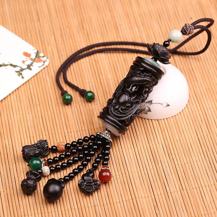 高档进口乌木汽车挂件黑檀木盘龙柱莲花保平安后视镜汽车挂饰品